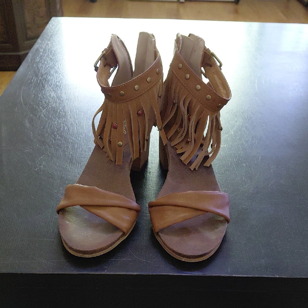 Rebels Tan Fringe Heeled Sandals
